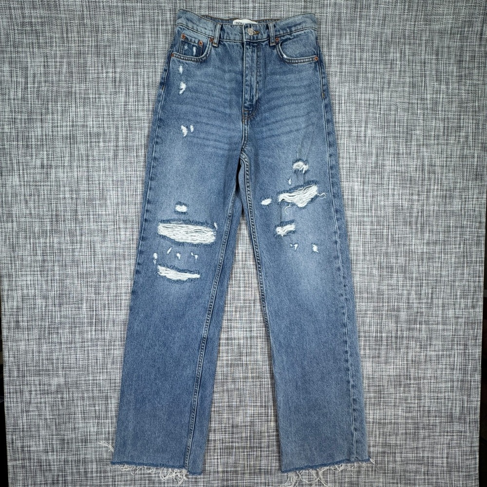 Zara Womens 2 The 90s Full Length Jeans Blue High Rise Wide Leg Raw Hem Denim